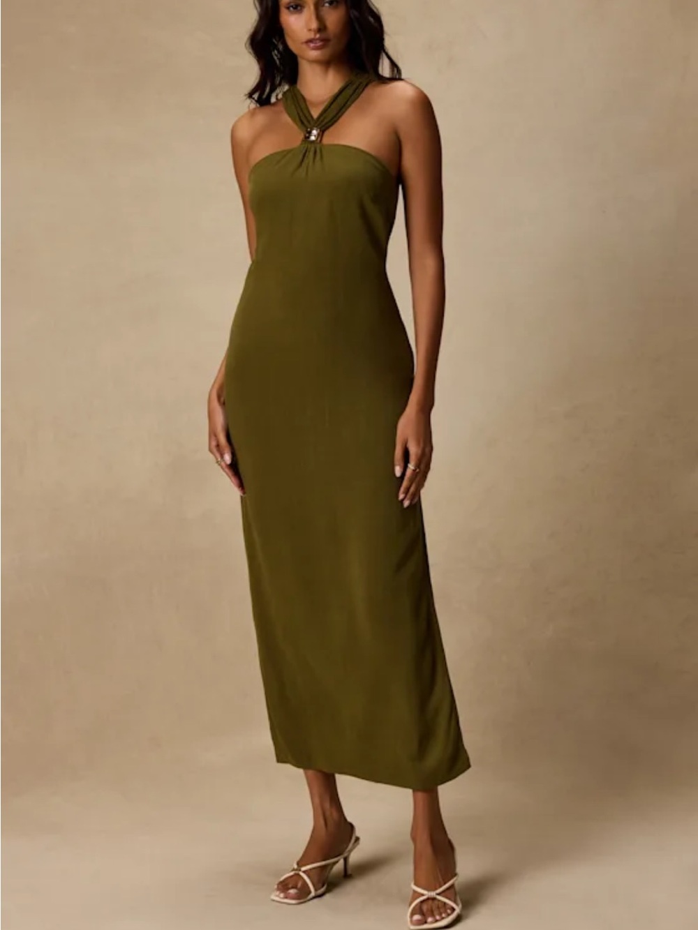 Lulu's Olive Green Linen Halter Midi Dress